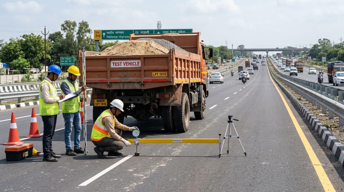 Engineers conducting an EV2 static plate load test on a compacted soil subgrade using a loading plate and displacement gauges.