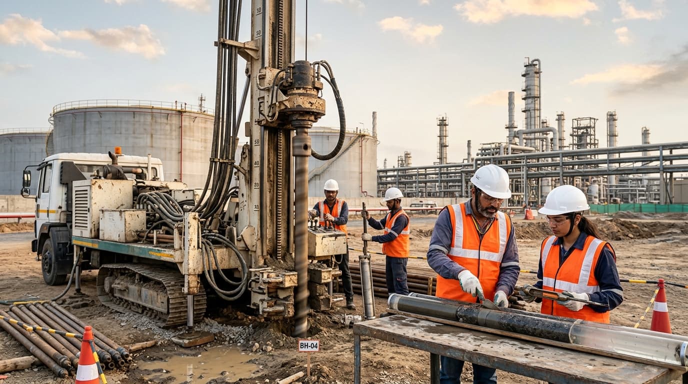Geotechnical engineers conducting borehole drilling and soil sampling during a field soil investigation.